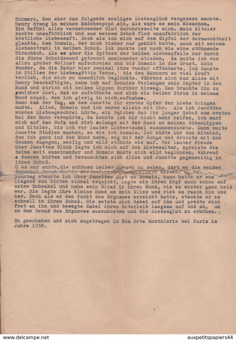4 Pages Récit érotique Tapée en 1938 par un Soldat Allemand racontant ses ébats Amoureux avec une Française de 16 ans