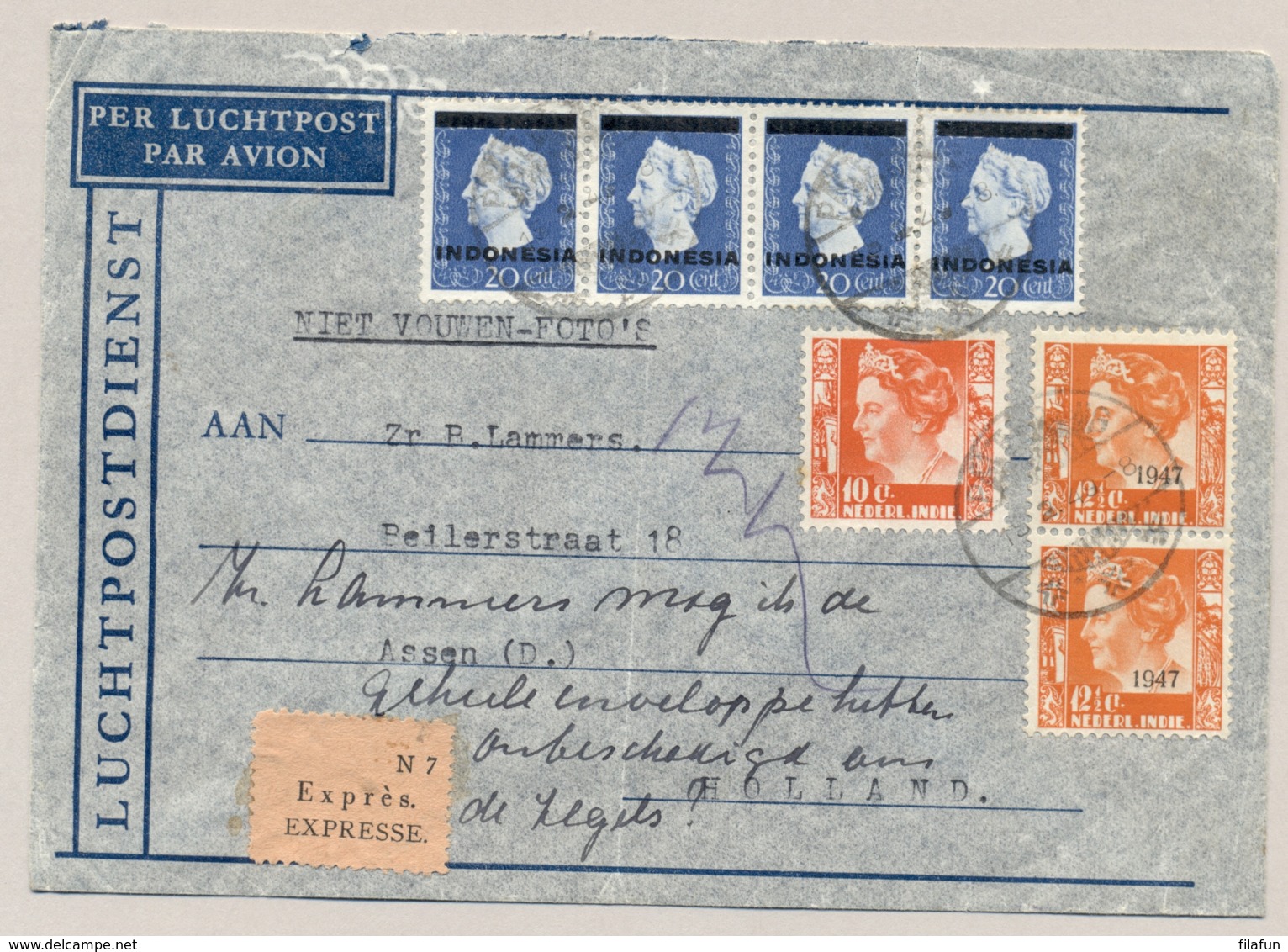 Nederlands Indië - 1949 - 7x Wilhelmina Fl 1,15 Mengfrankering Op Expresse Cover Van Palembang Naar Assen/5 / Nederland - Nederlands-Indië