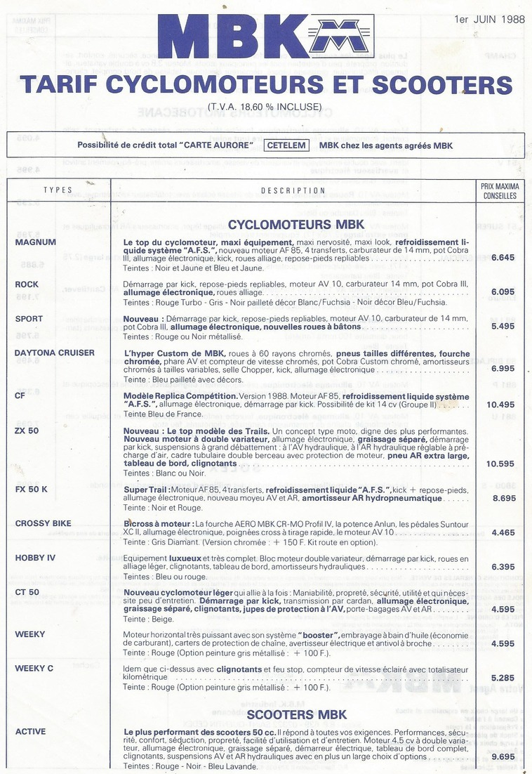 Tarif Mbk Cyclomoteur Et Scotters Velosolex 1 Juin  1988 - Autres & Non Classés