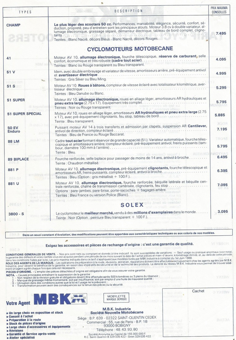 Tarif Mbk Cyclomoteur Et Scotters Velosolex 1 Juin  1988 - Autres & Non Classés
