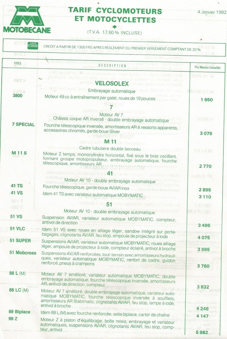 Doc Format A4 Tarifs Motobecane Cyclomoteurs Velosolex  04.01.1982 - Autres & Non Classés