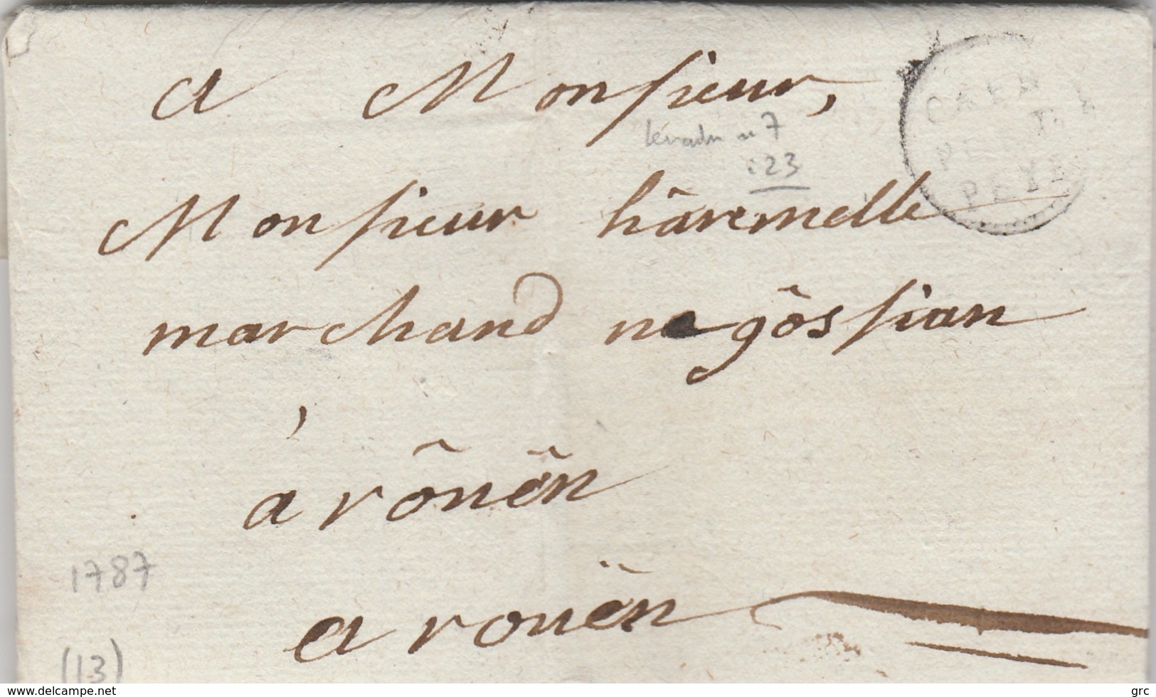 Caen Port Peye - Calvados (indice 23 = 950€) 1787 LAC Pour Rouen - 1701-1800: Précurseurs XVIII