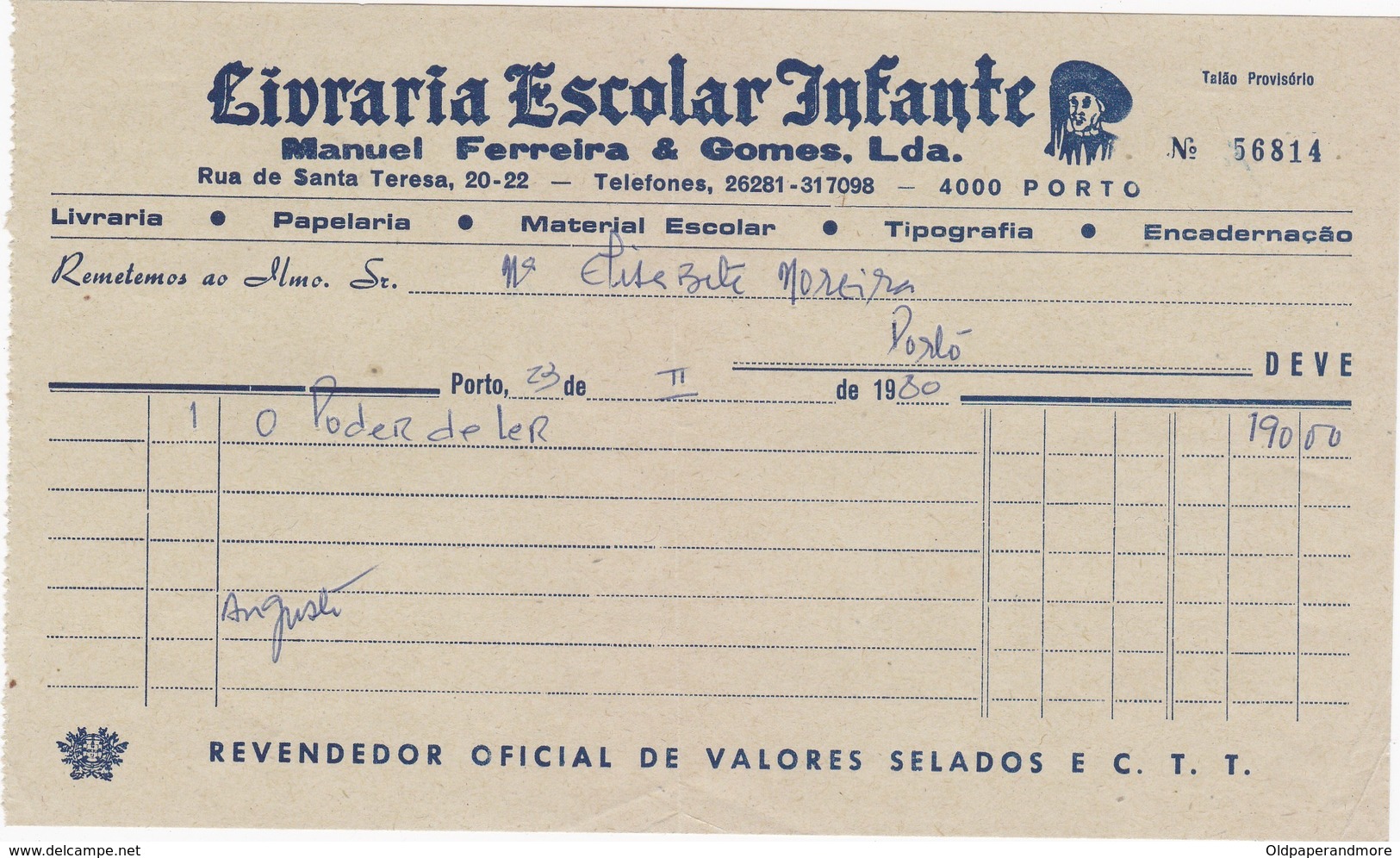 PORTUGAL COMMERCIAL DOCUMENT - PORTO - LIVRARIA ESCOLAR INFANTE - Portugal