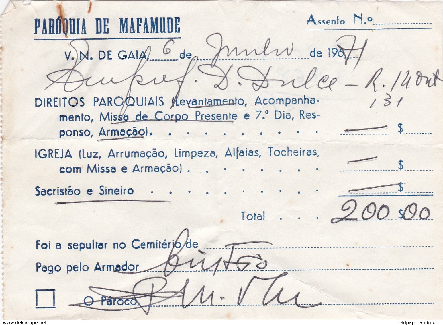 PORTUGAL COMMERCIAL DOCUMENT - VILA NOVA DE GAIA - PAROQUIA DE MAFAMUDE - Portugal