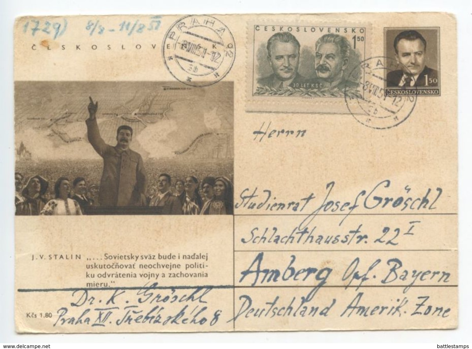 Czechoslovakia 1951 Stalin Postal Card Prague To Amberg Germany - Postcards