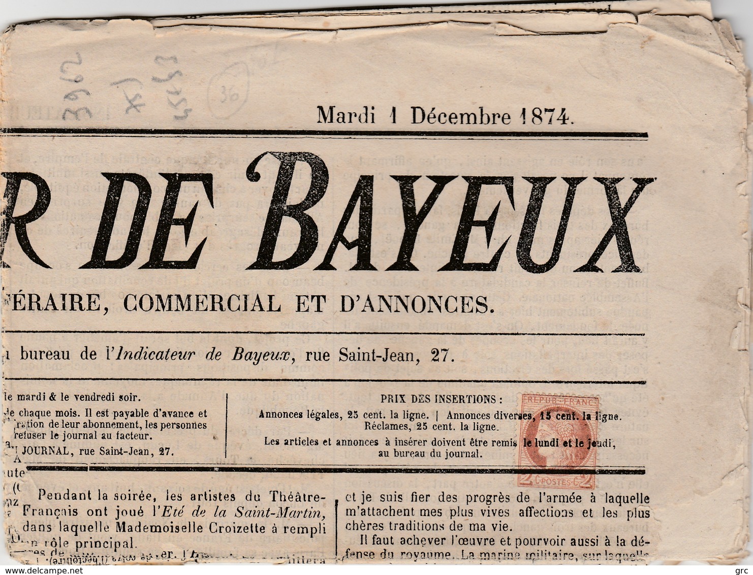 Bayeux - 2c Affranchissement Typographique - Calvados 1874 - Journal Complet - 1849-1876: Classic Period