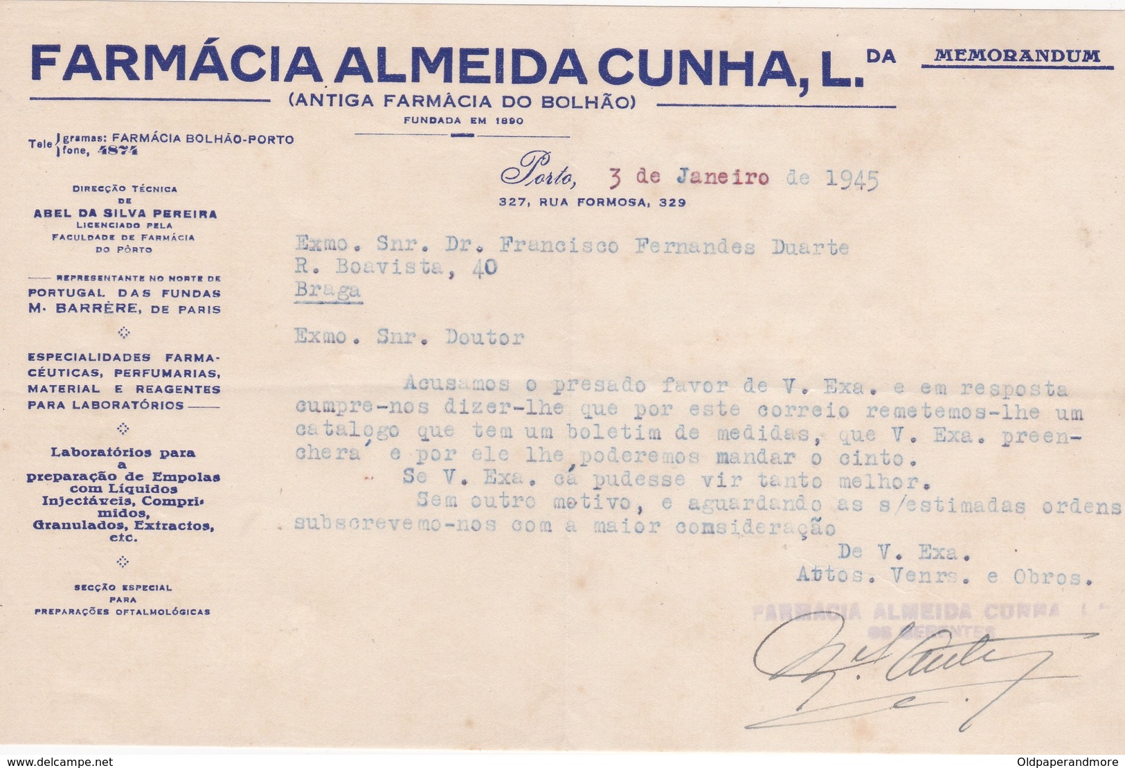 PORTUGAL COMMERCIAL DOCUMENT - PORTO - FARMACIA ALMEIDA CUNHA - Portugal