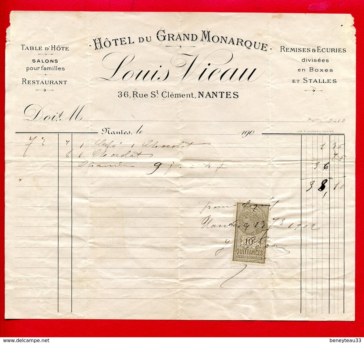 FACTURE (Réf : D488) HÔTEL DU GRAND MONARQUE LOUIS VIEAU NANTES - 1900 – 1949