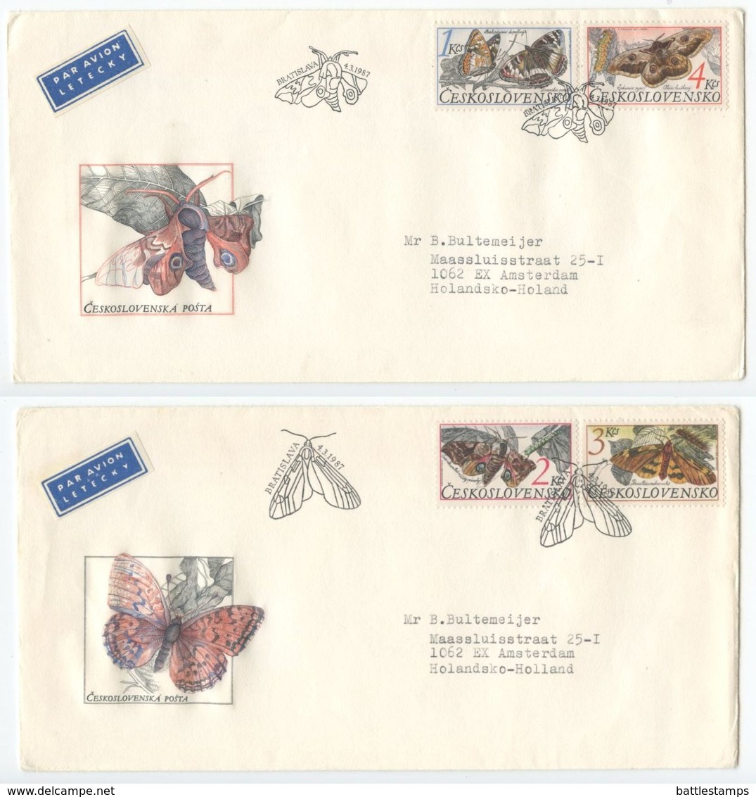 Czechoslovakia 1987 2 FDCs Scott 2647-2650 Butterflies - FDC