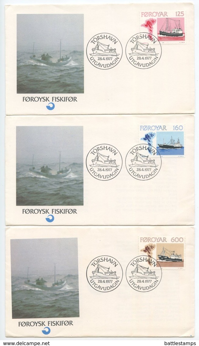 Faroes 1977 3 FDCs Scott 25-27 Faroese Fishing Vessels & Map - Faroe Islands