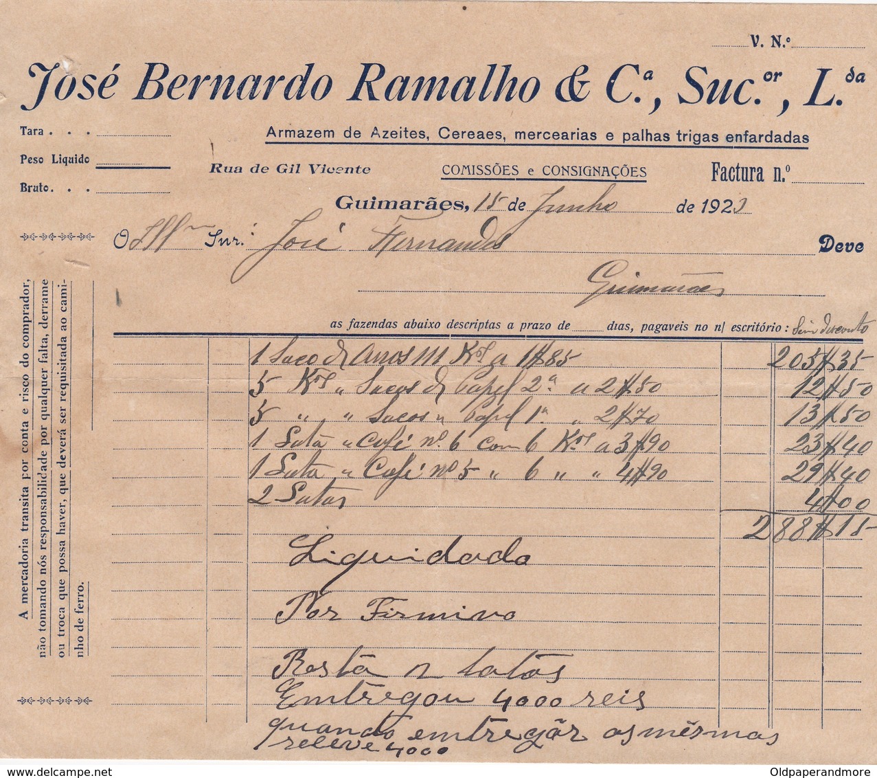 PORTUGAL COMMERCIAL DOCUMENT - GUIMARÃES - JOSÉ BERNARDO RAMALHO - Portugal