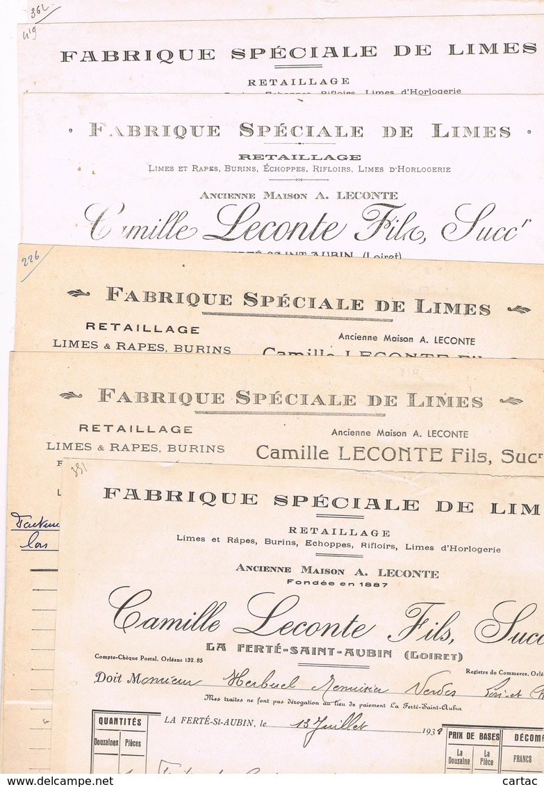 D45. LA FERTE SAINT AUBIN.CAMILLE LECONTE. FABRIQUE DE LIMES, BURINS ... 6 Factures. - Autres & Non Classés