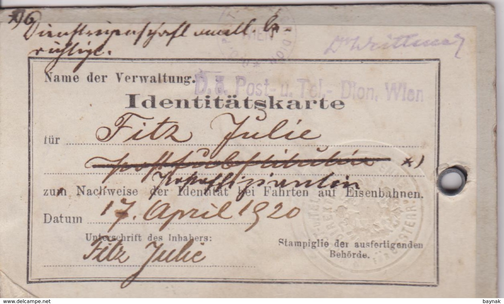 A275  -  CABINET  PHOTO,  CDV  -  AUSTRIA , WIEN ~   LADY ~ ID CARD  POST  ~  10,5 X  6,5 - Alte (vor 1900)