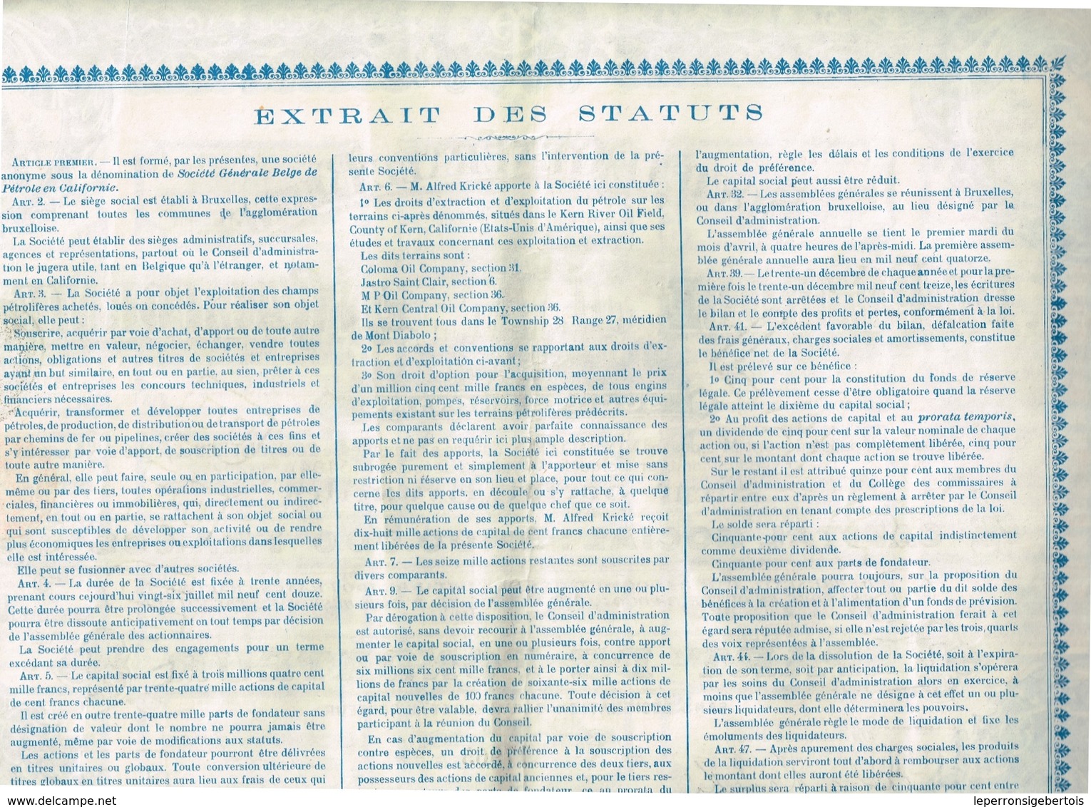 Action Ancienne - Société Générale Belge De Pétrole En Californie - Titre De 1912 - N° 17965 - Pétrole