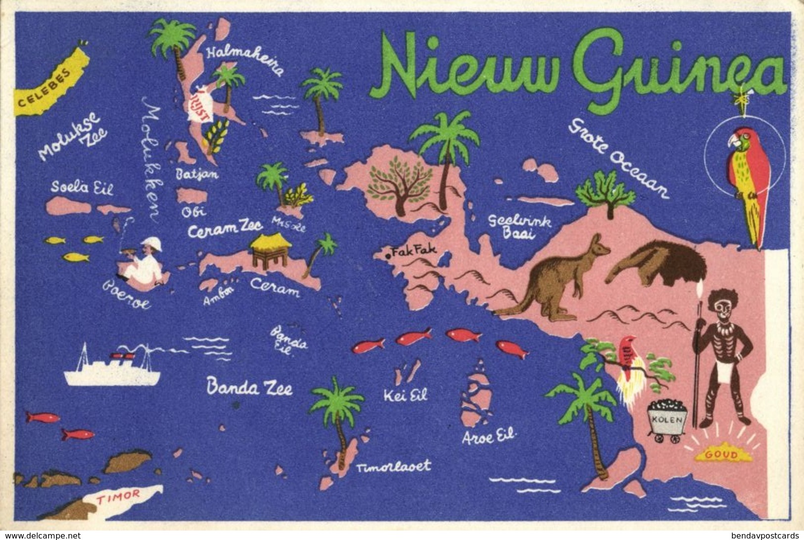 Indonesia, DUTCH NEW GUINEA, Moluccas, Kangaroo Coal Gold Parrot (1940s) - Papoea-Nieuw-Guinea