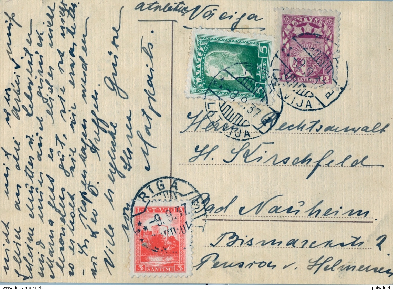 1937 , LETONIA , TARJETA POSTAL CIRCULADA DESDE RIGA - Letonia