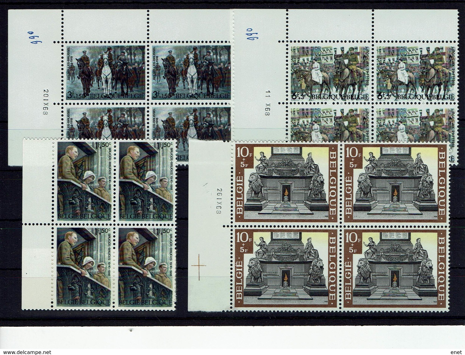 Belgien Belgie Belgium 1968 - 50. Jahrestag Des Waffenstillstandes - MiNr 1531-1534 / OBP 1474-1477 Vierenblock. - 1. Weltkrieg