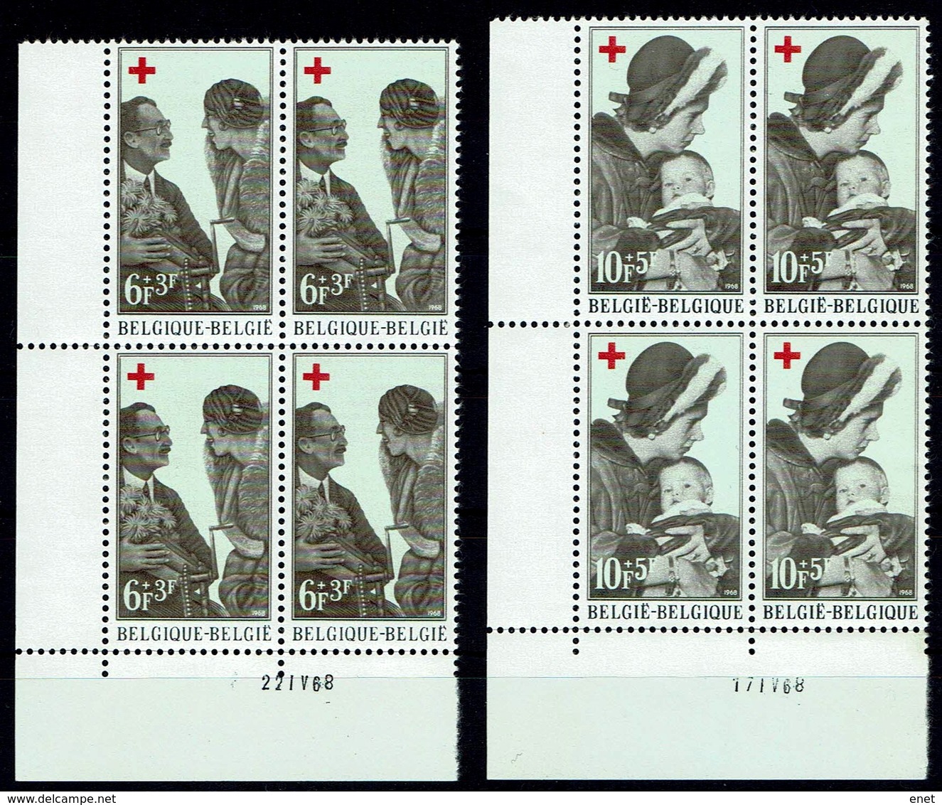 Belgien Belgie Belgium 1968 - Rotes Kreuz. Königin Elisabeth, Königin Fabio- MiNr 1509/10 OBP 1454/55 Vierenblock. - Rotes Kreuz