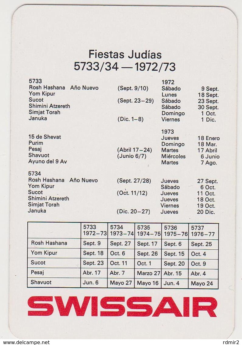 (B.1) SWISSAIR Calendario Fiestas Judías 5733/34 - 1972/73..Calendrier. Fêtes Juives. Jewish Holiday Calendar. JUDAICA. - Otros & Sin Clasificación