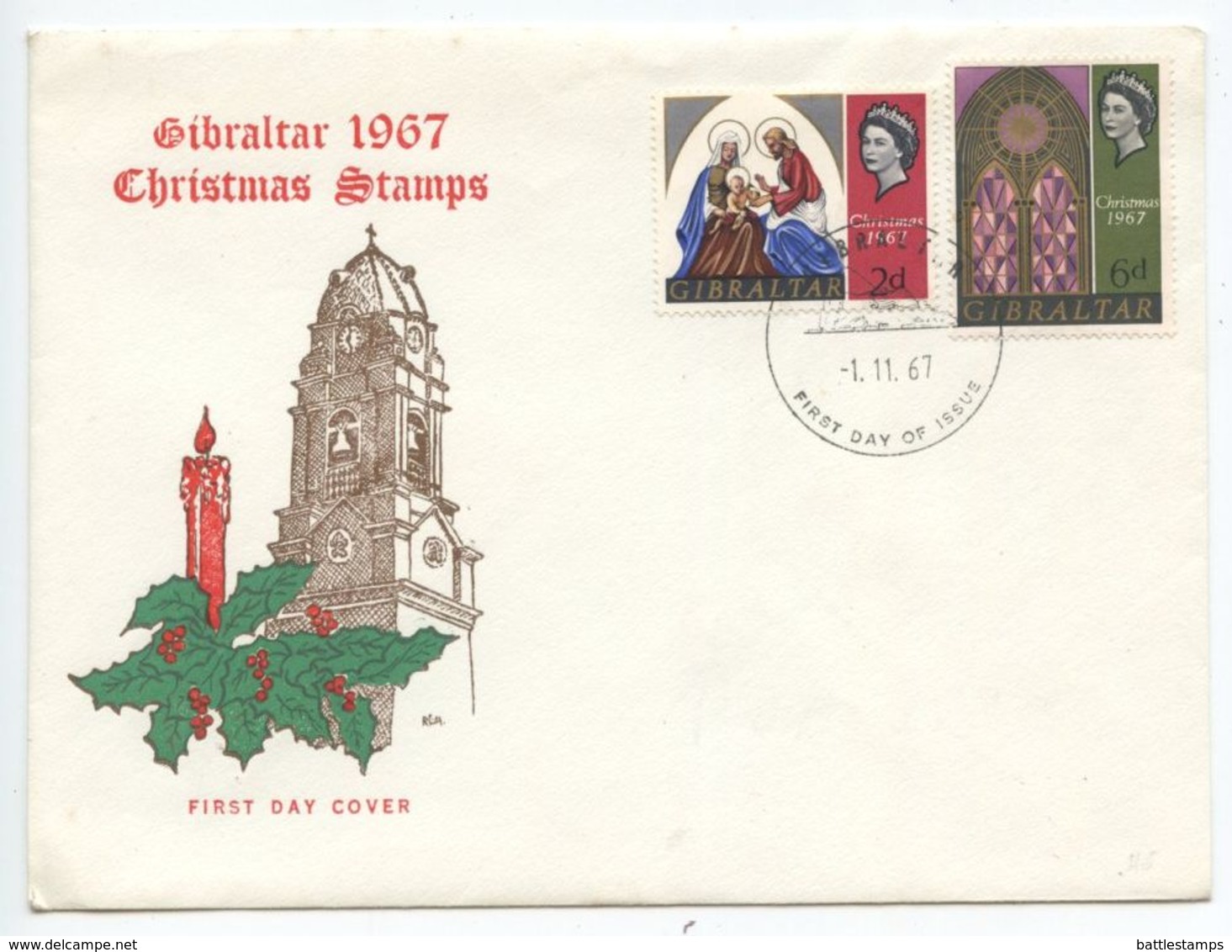 Gibraltar 1967 FDC Scott 203-204 Christmas - Holy Family & Church Window - Gibraltar