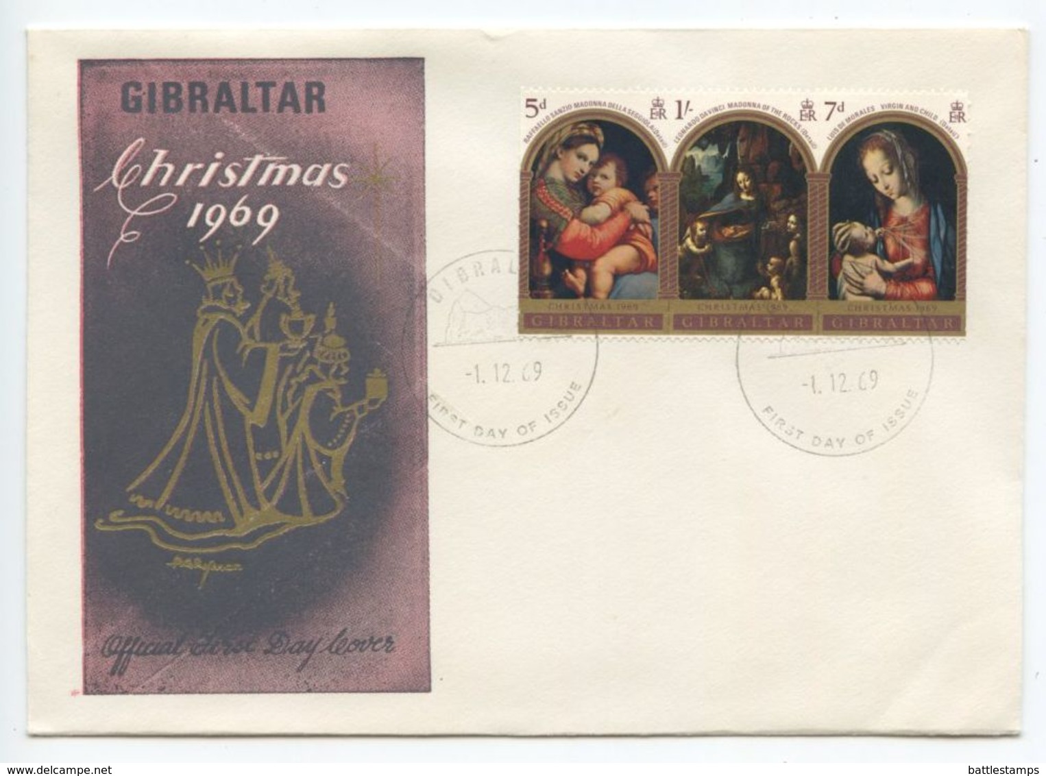 Gibraltar 1969 FDC Scott 232a Christmas - Paintings Of Madonna & Child - Gibraltar