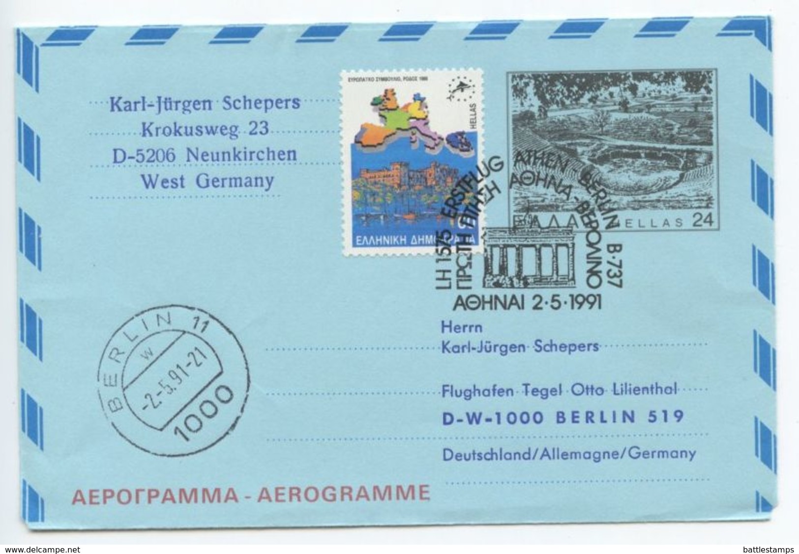 Greece 1991 1st Flight Cover / Aerogramme Lufthansa LH1575 Athens To Berlin - Postal Stationery