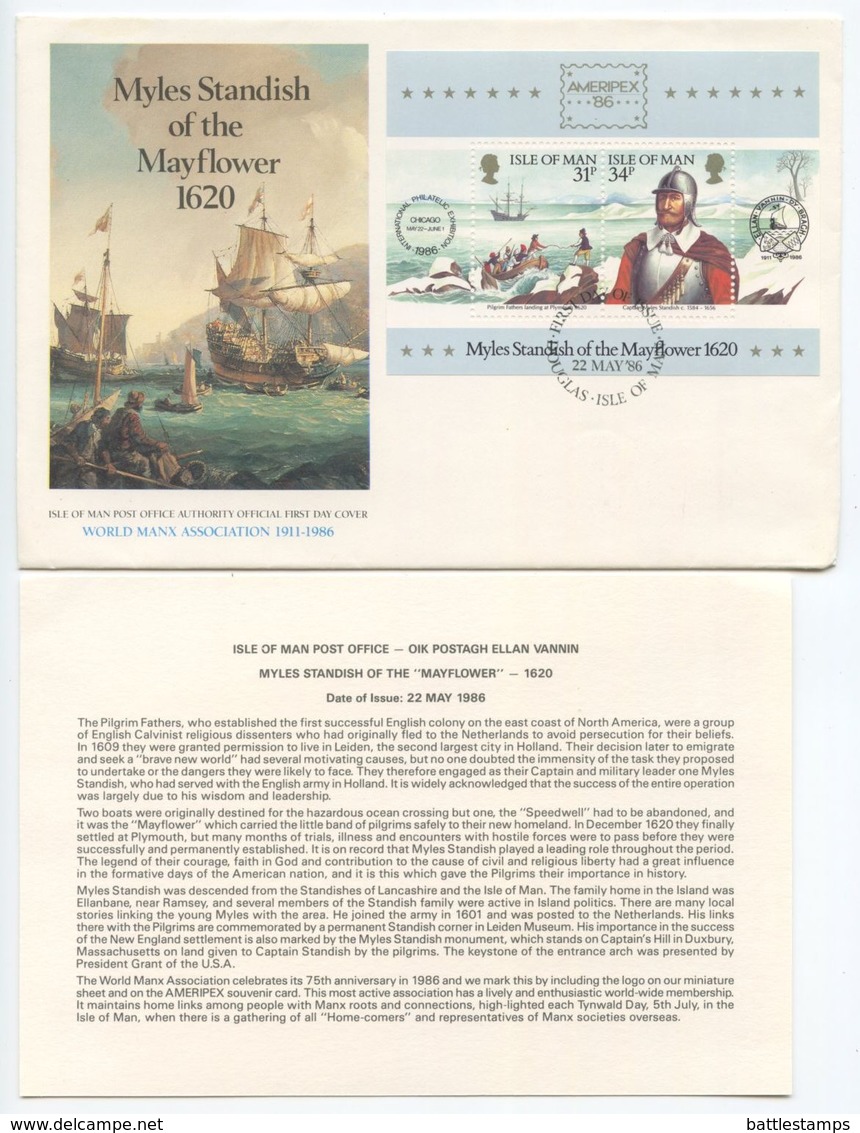 Isle Of Man 1986 FDC 311a S/S Myles Standish Of The Mayflower - Isle Of Man