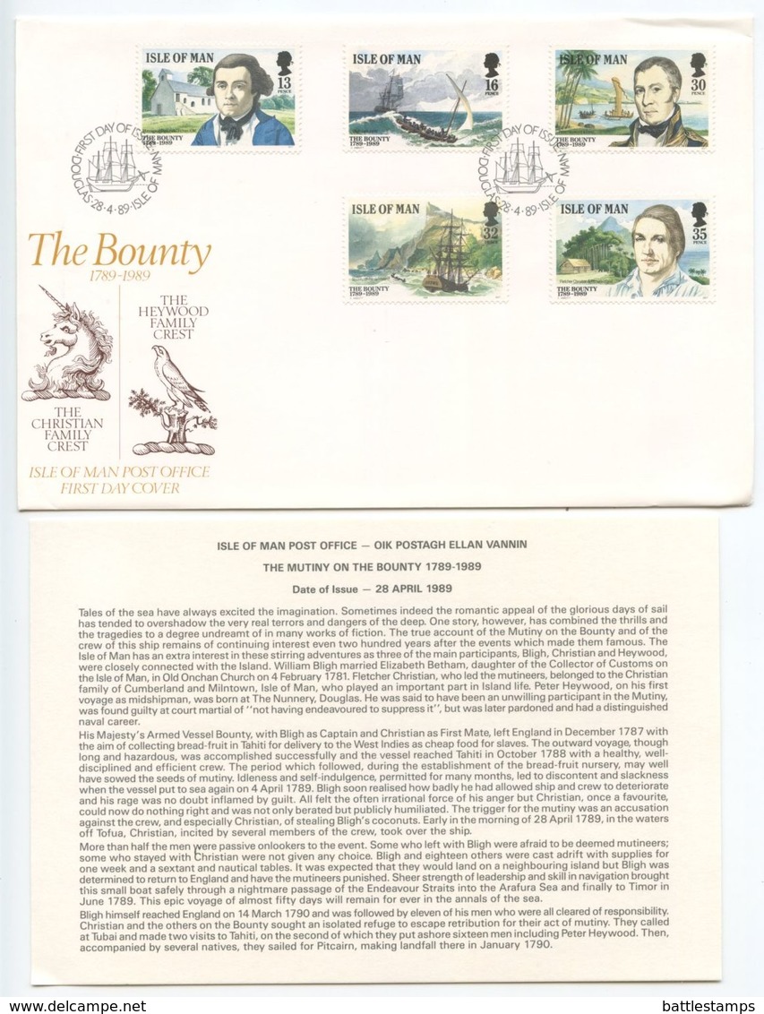 Isle Of Man 1989 FDC Scott 389-393 Mutiny On The Bounty - Isle Of Man