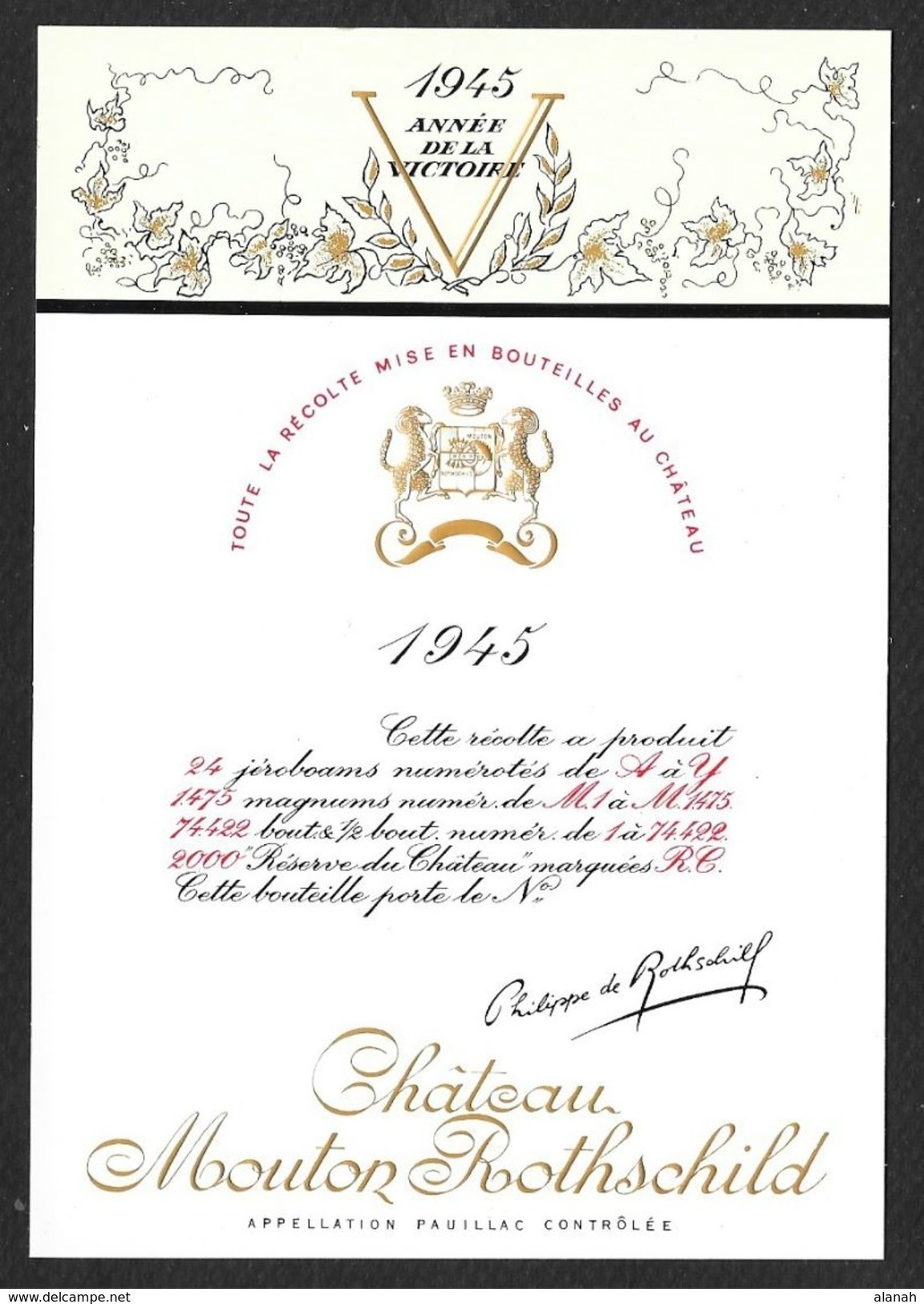 Etiquette De Vin 1945 MOUTON ROTHSCHILD L'Année De La Victoire Gouache De Philippe JULLIAN - Sonstige & Ohne Zuordnung