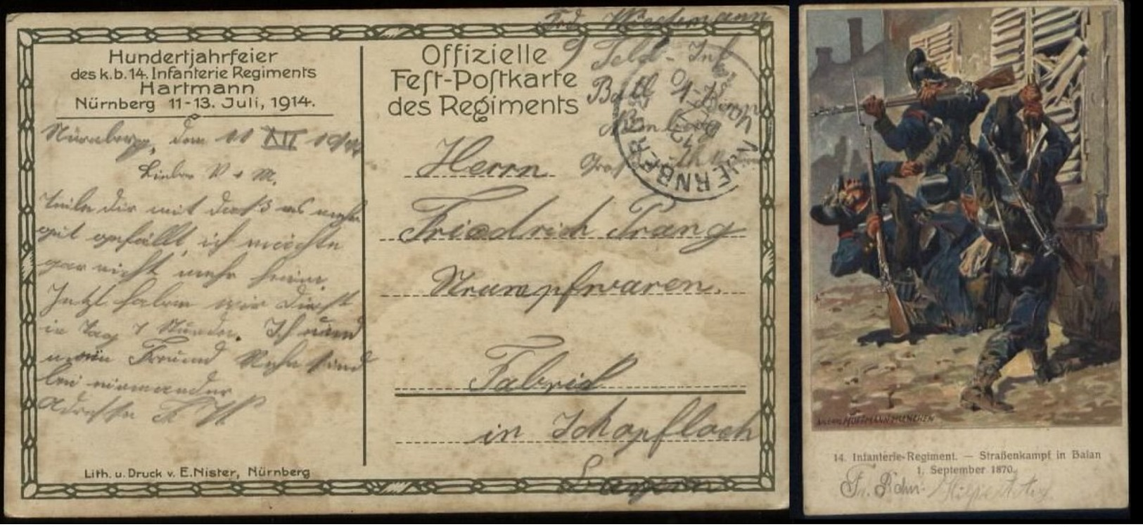 S6805 - DR WW I Militär Feldpost Postkarte AK Soldaten 14. Infanterie Regiment Straßenkampf Im Balan 1870 : Gebraucht - Covers & Documents