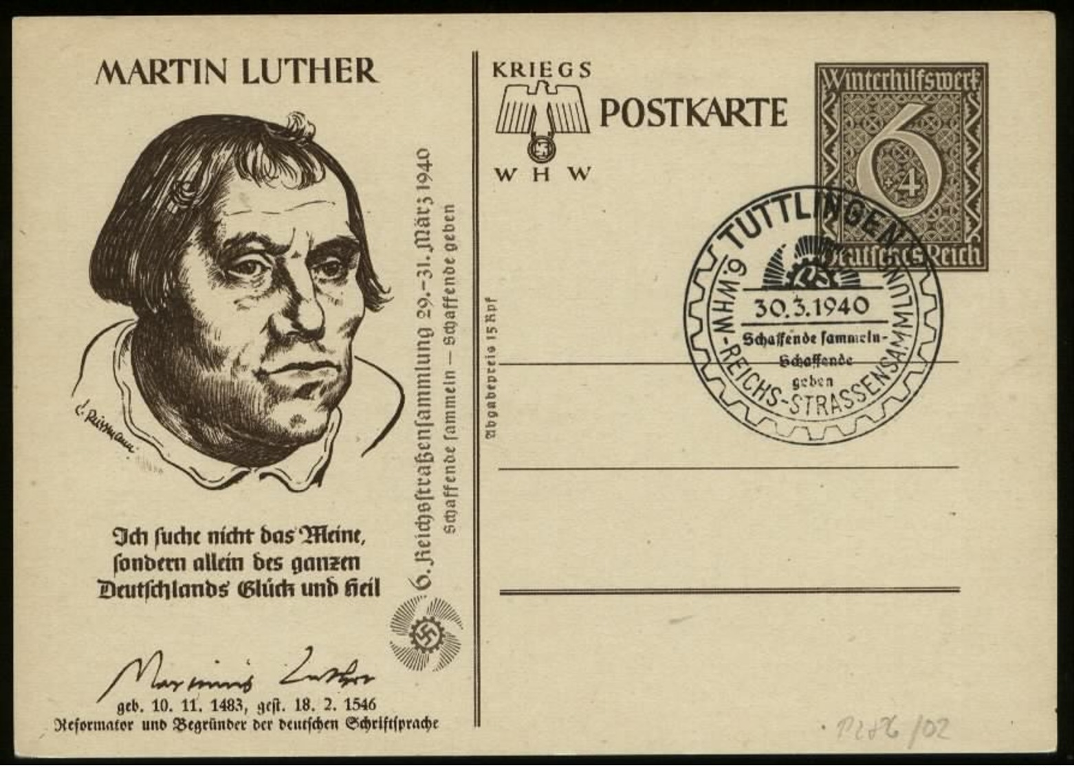 S6685 - DR WHW GS Postkarte ,Martin Luther, Mit KdF Zudruck: Gebraucht Mit Sonderstempel Tuttlingen 1940 - Autres & Non Classés