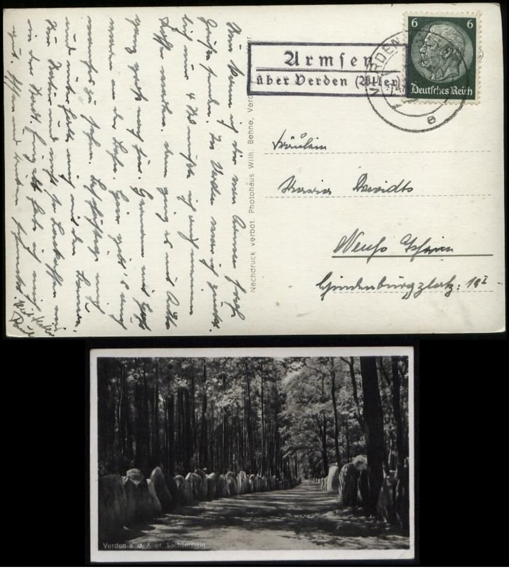 S6656 - DR Postkarte Sachsenhain Mit Landpoststempel: Gebraucht Armsen über Verden Aller - Neuß 1939, Bedarfserhaltung - Briefe U. Dokumente