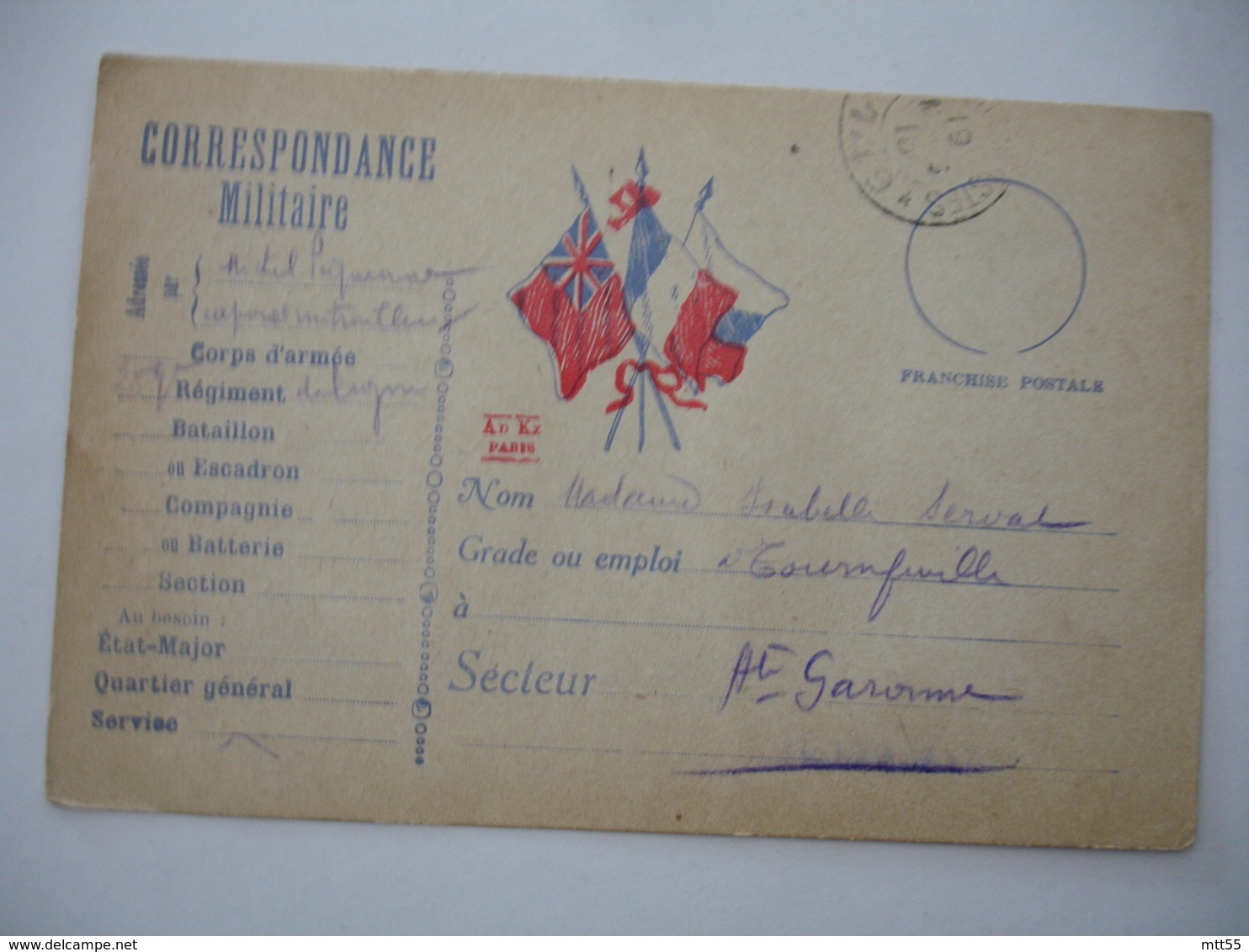 Guerre 14.18  Carte Correspondance At Kz Paris 3 Drapeaux  Franchise Postale - Guerre De 1914-18