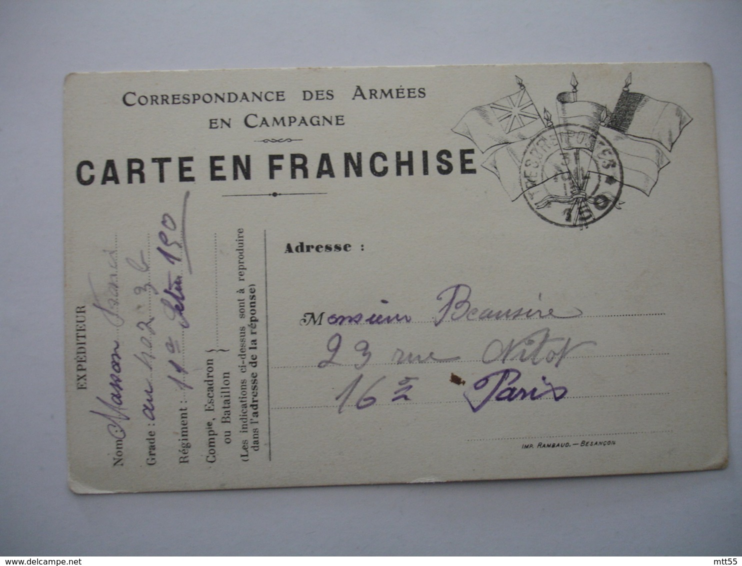 Guerre 14.18  Carte Correspondance  4 Drapeaux Noir Et Blanc Tresor Et Postes 150 - Guerre De 1914-18