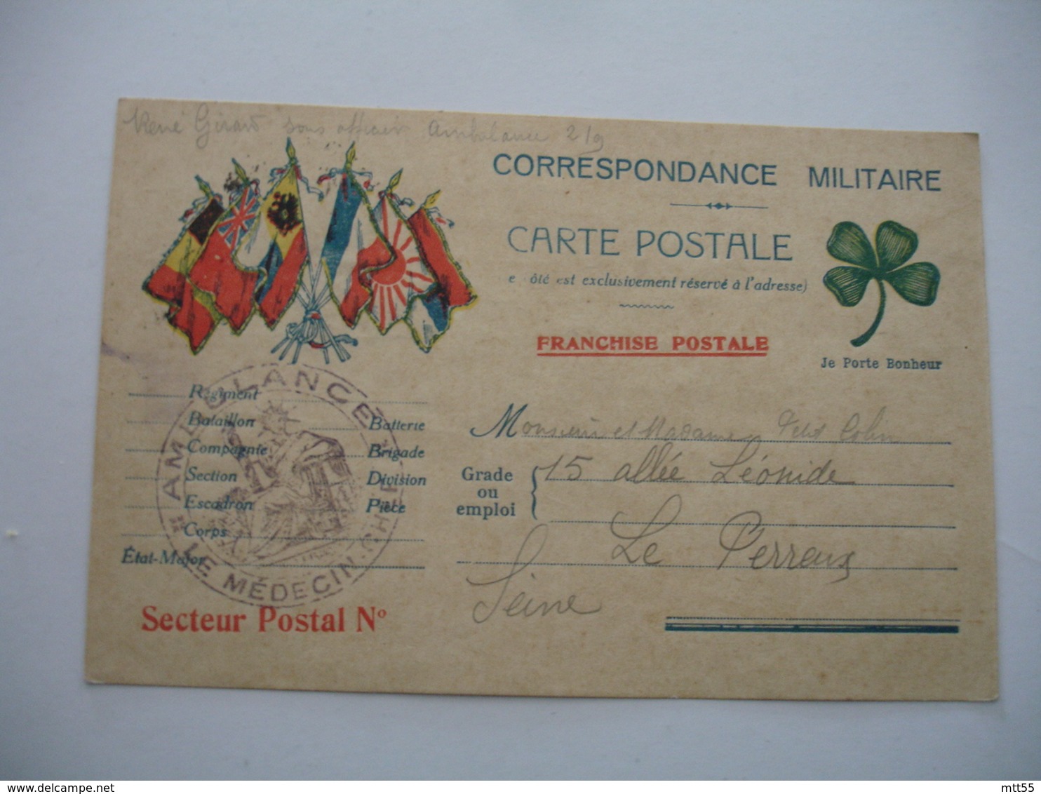 Guerre 14.18  Carte Correspondance  6 Drapeaux  Allies  Ambulance Trefle 4 Feuilles - Guerre De 1914-18