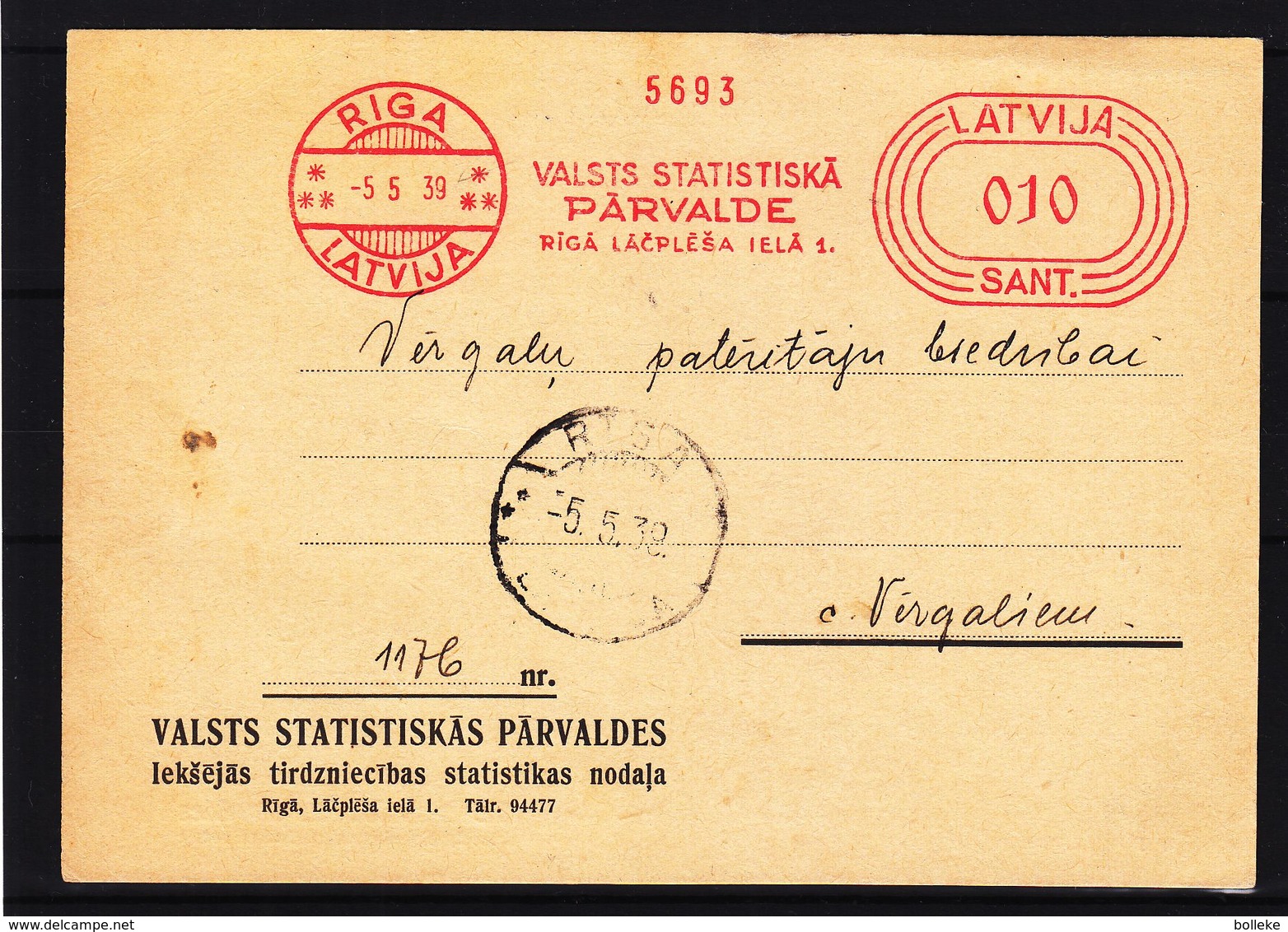 Lettonie - Carte Postale De 1939 - Oblit Riga - EMA - Empreintes Machines - Lettonie