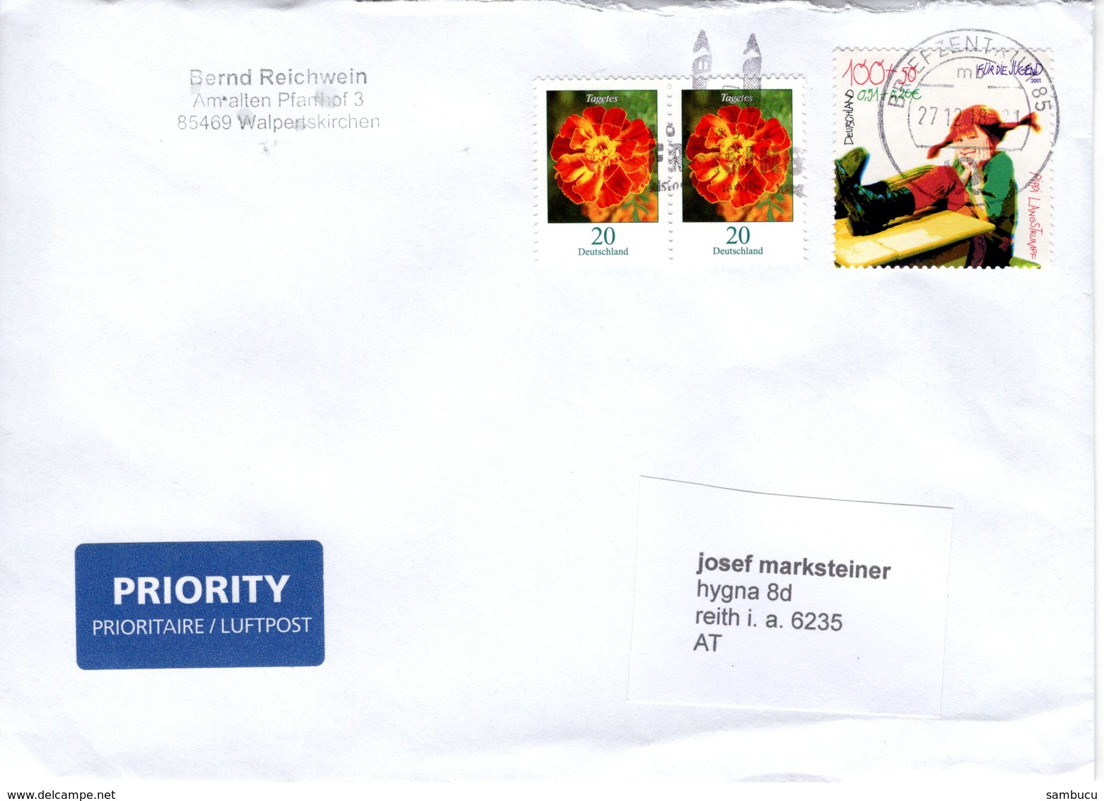 Brief Von Briefzentrum 85 Mit 100 Cent Pippi Langstrumpf + 2 X 20 Cent Blumen 2018 - Briefe U. Dokumente