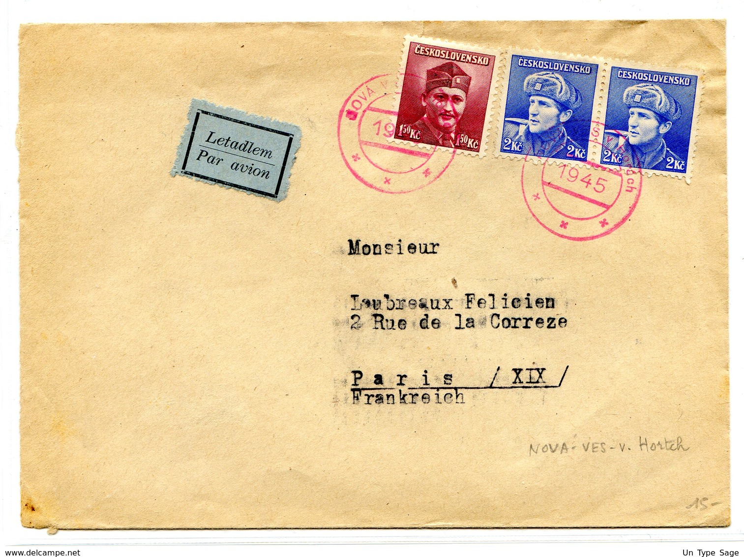 Tchécoslovaquie, Lettre De Nova - Ves - V. Hortch Pour Paris 1945 - (W1200) - Lettres & Documents