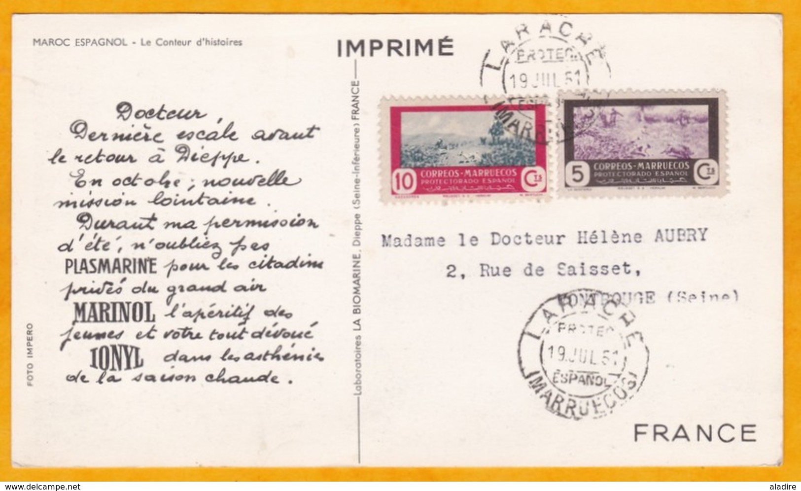 1951 - CP De Larache Vers Montrouge, France - Dear Doctor Plasmarine Marinol Ionyl - Conteur - Spanish Morocco