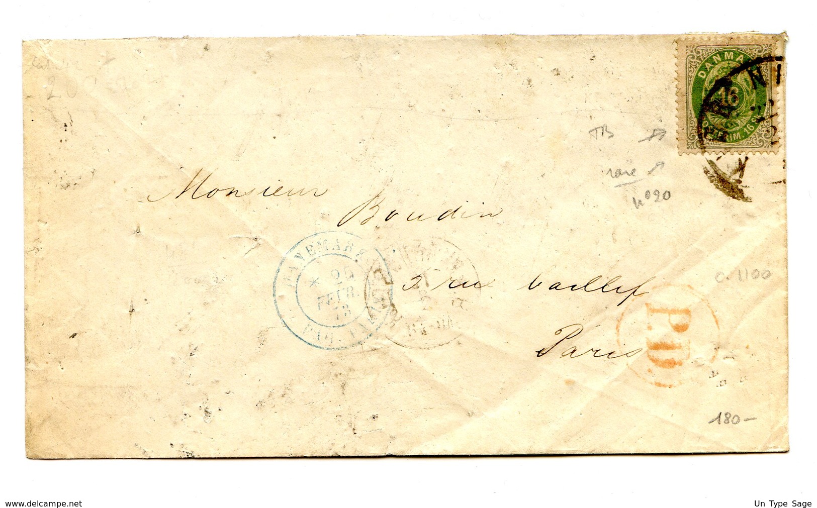 Danemark N°20 Sur Lettre Pour Paris - Cachet D'entrée Bleu - Cote 1100€ - (W1209) - Lettres & Documents