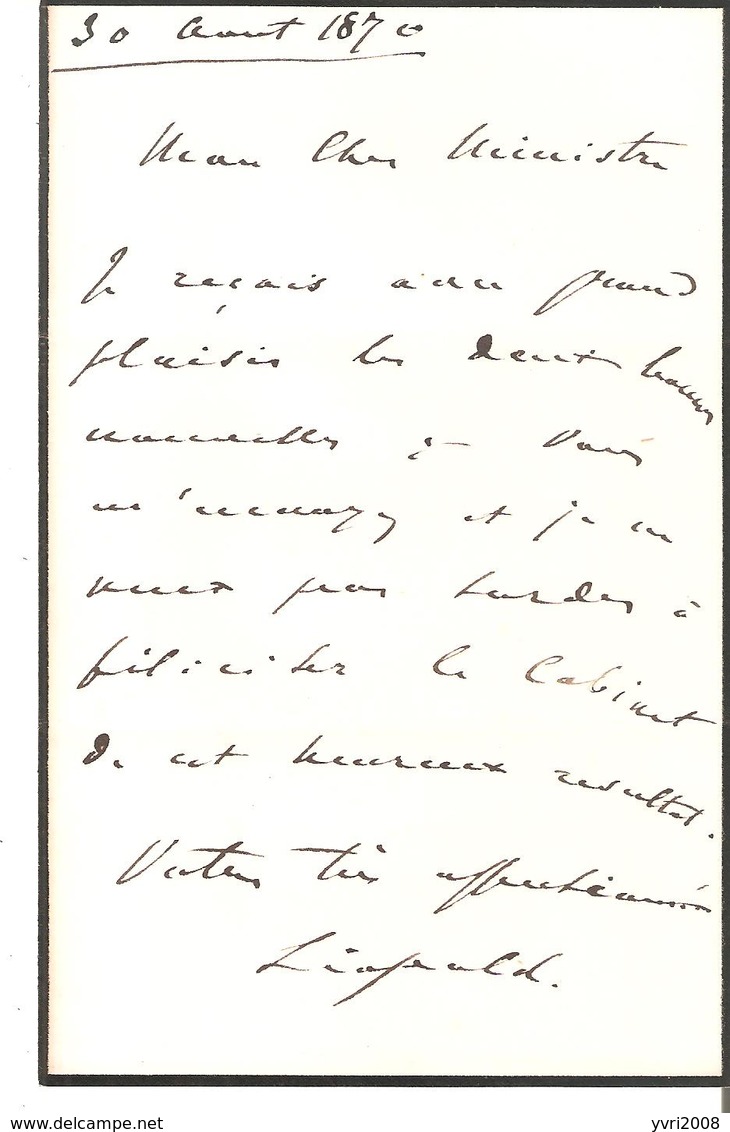 Lettre Du 30 Août 1870 De LEOPOLD  II à Son Ministre Double Page - Documents Historiques
