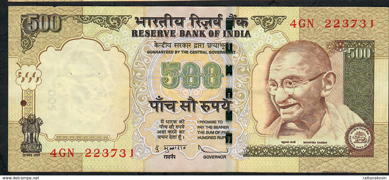 INDIA P99e1 500 RUPEES 2009 # 4GN  NO LETTER Sign.20  VF+  NO P.h. - India