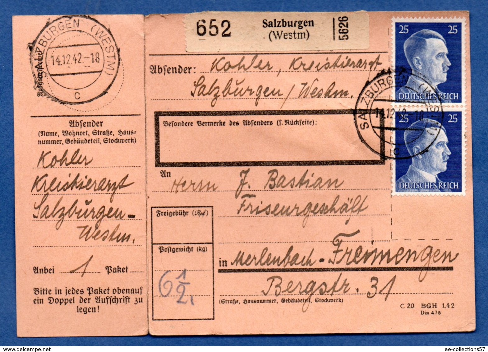 Colis Postal  -  Départ Salzburgen ( Château Salins)  -  Avec Son Rabat-   14/12/1942 - Covers & Documents