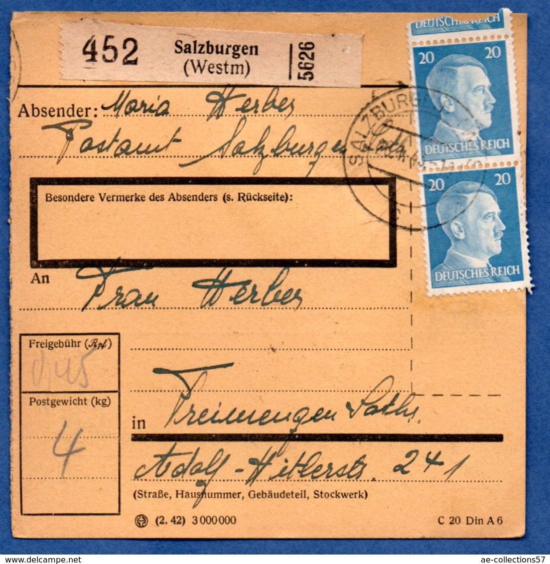 Colis Postal  -  Départ Salzburgen ( Château Salins)  -     29/1/1943 - Lettres & Documents