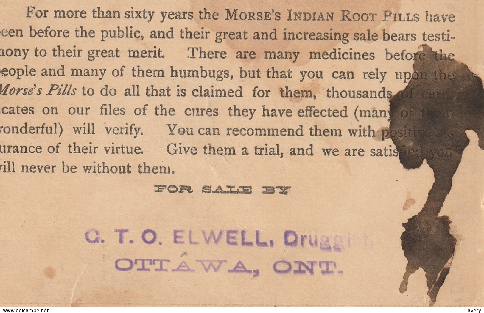 Dr. Morse's Indian Root Pills Bottom Left Corner Cut W. H. Comstock, Sole Proprietor, Brockville, Ontario - Advertising