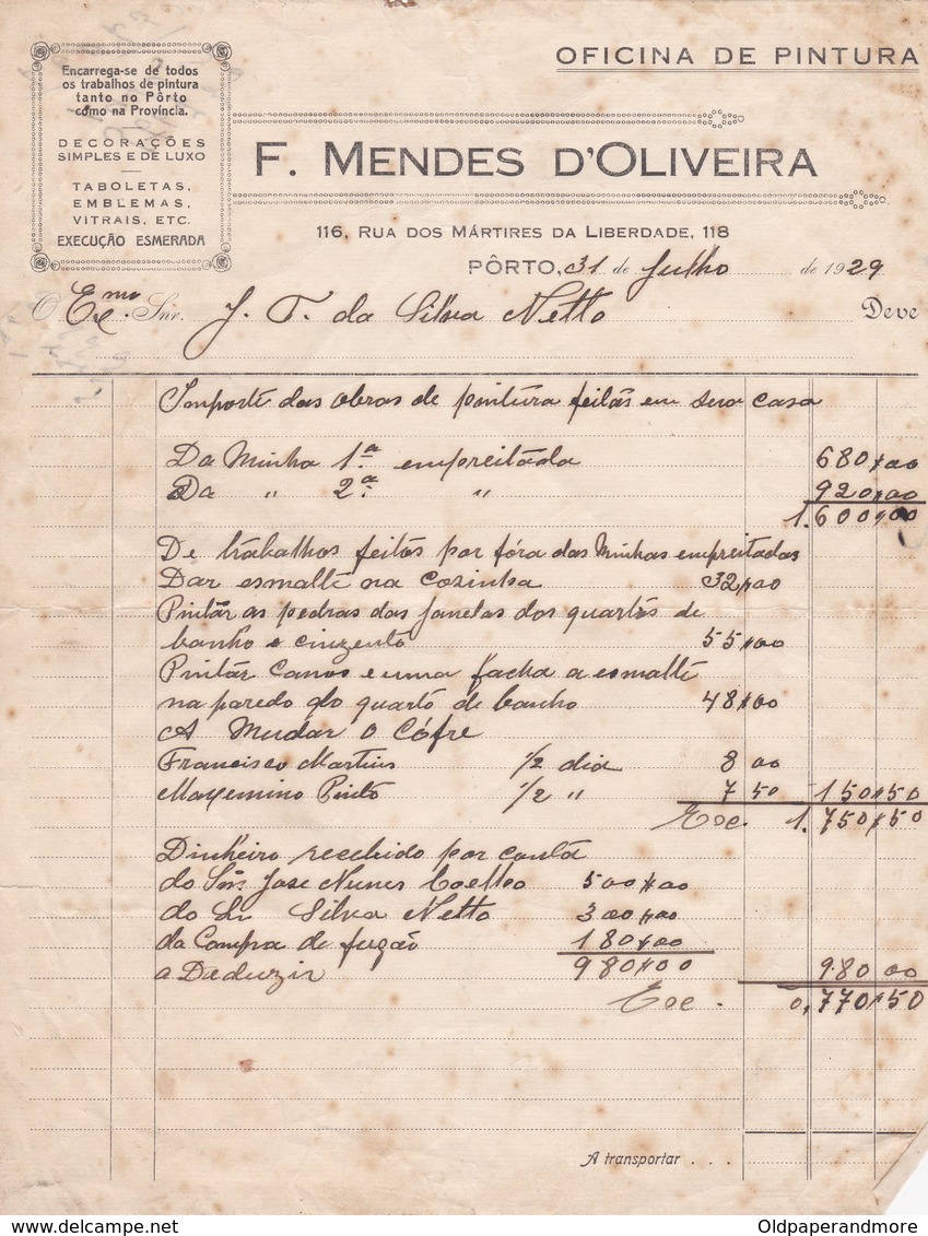 PORTUGAL COMMERCIAL INVOICE - PORTO - F. MENDES D'OLIVEIRA - Portugal