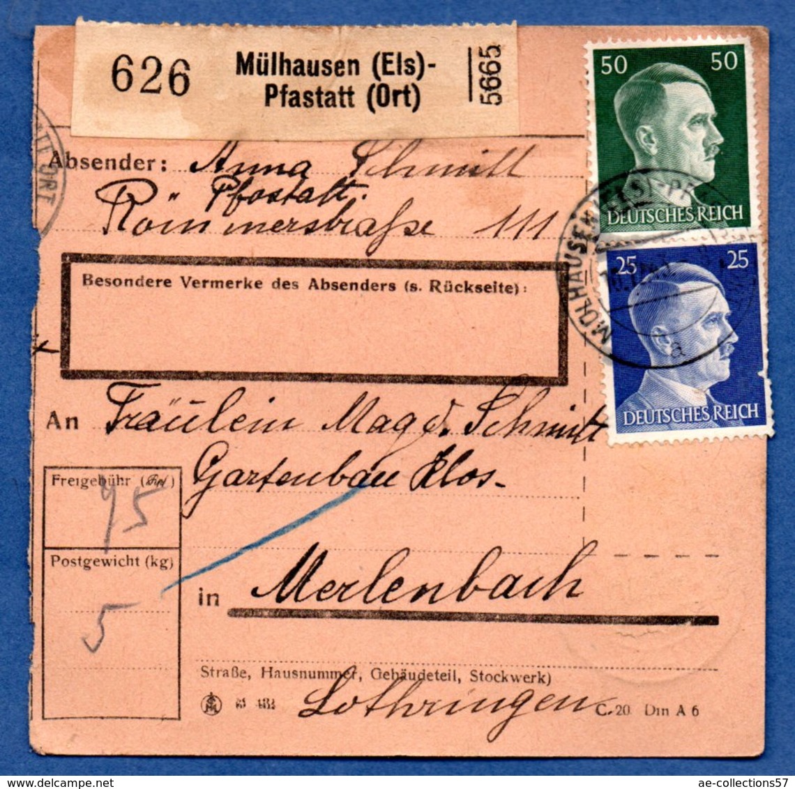 Colis Postal  -  Départ Mülhausen Pfastatt   -   -  13/12/1943 - Lettres & Documents