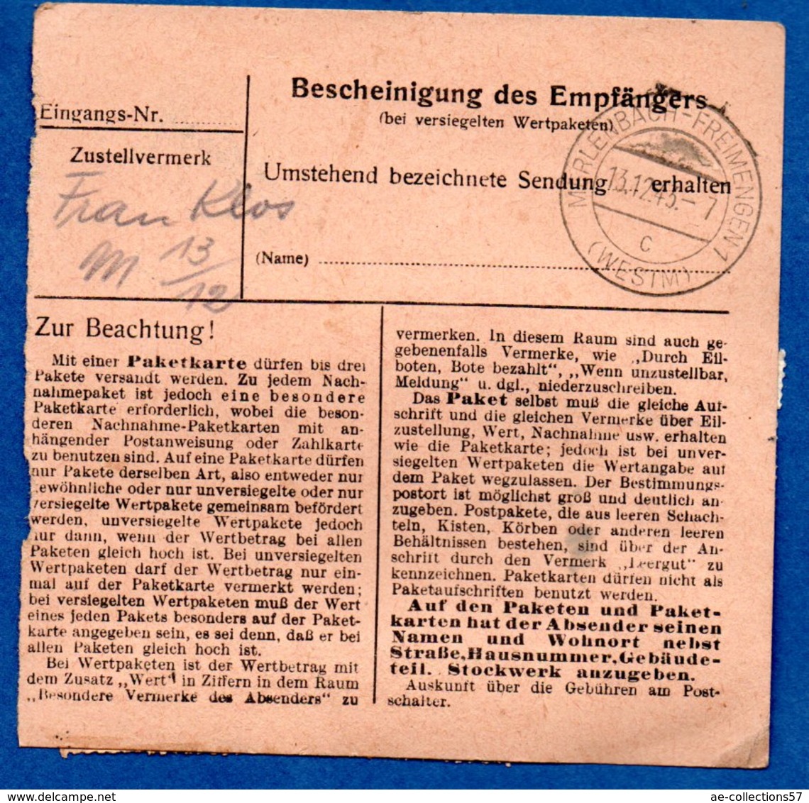 Colis Postal  -  Départ Mülhausen Pfastatt   -   -  13/12/1943 - Covers & Documents