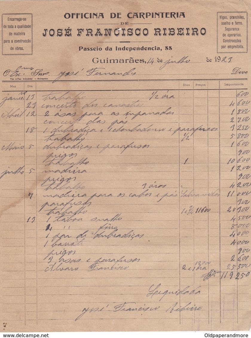 PORTUGAL COMMERCIAL INVOICE - GUIMARÃES - JOSÉ FRANCISCO RIBEIRO - OFFICINA DE CARPINTARIA - Portugal