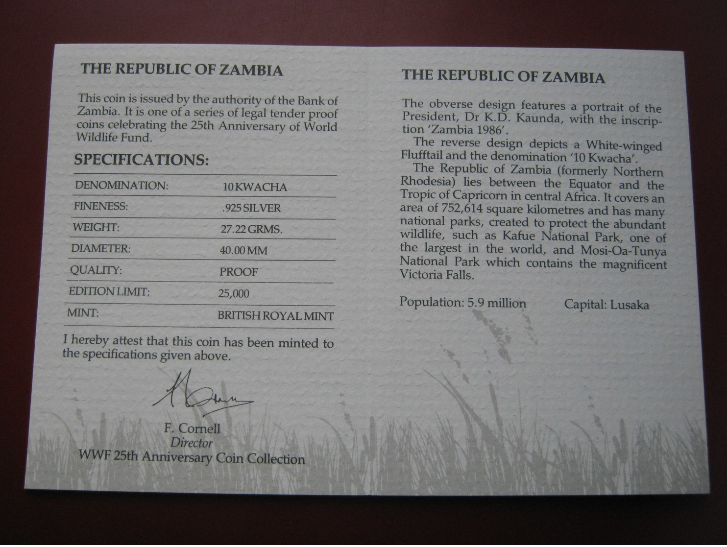 Zambia 1986 10 Kwacha Silver Proof Coin WWF COA Card- White Winged Flufftail - Zambie
